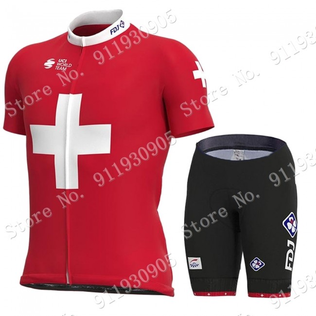 FDJ Pro Team Swiss 2021 Fietskleding Fietsshirt Korte Mouw+Korte Fietsbroeken Bib 2021072850
