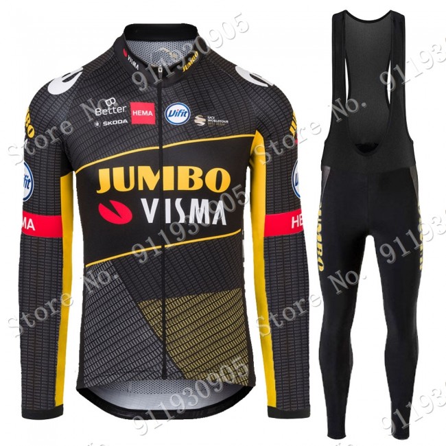 Jumbo Visma Tour De France 2021 Wielerkleding Set Fietsshirts Lange Mouw+Lange Fietsrbroek Bib 2021072896