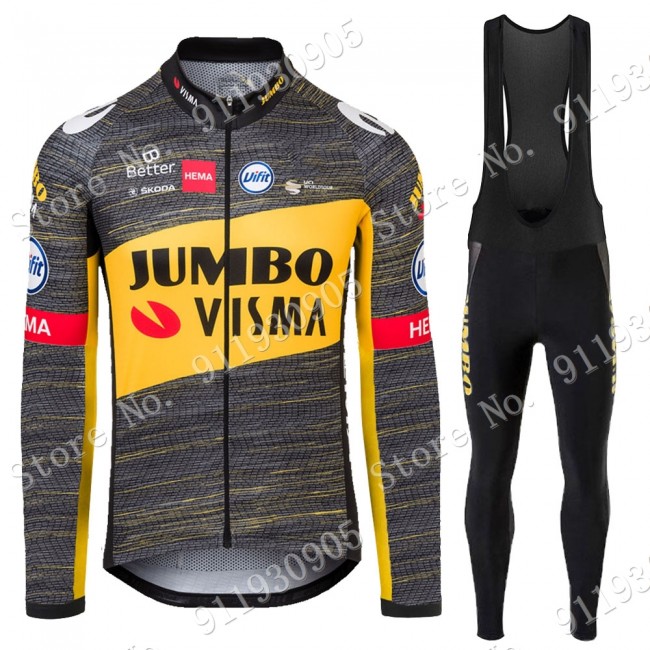 Jumbo Visma Tour De France 2021 Wielerkleding Set Fietsshirts Lange Mouw+Lange Fietsrbroek Bib 2021072886