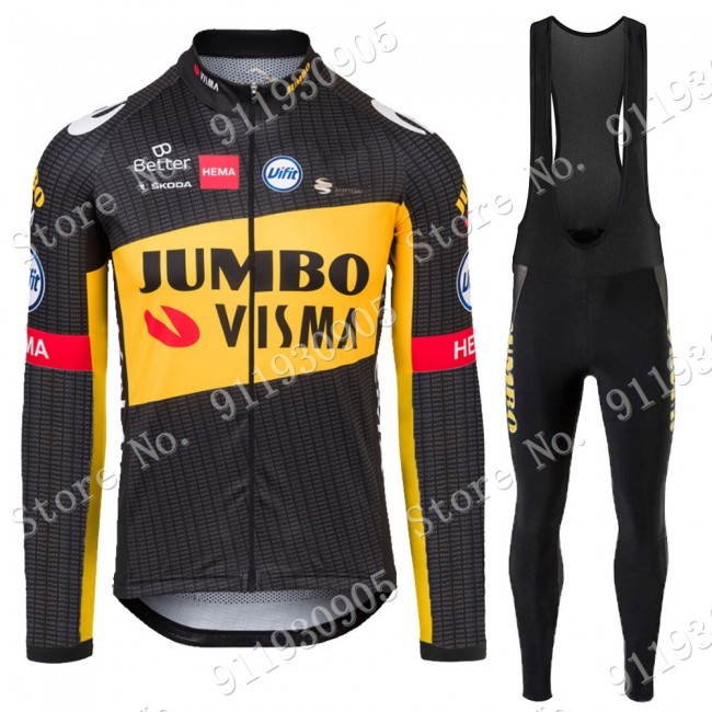 Jumbo Visma Tour De France 2021 Wielerkleding Set Fietsshirts Lange Mouw+Lange Fietsrbroek Bib 2021072892