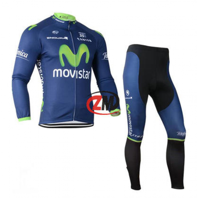 Movistar 2014 Fietskleding Fietsshirt lange mouw+lange fietsbroeken Blauw Zwart 1131