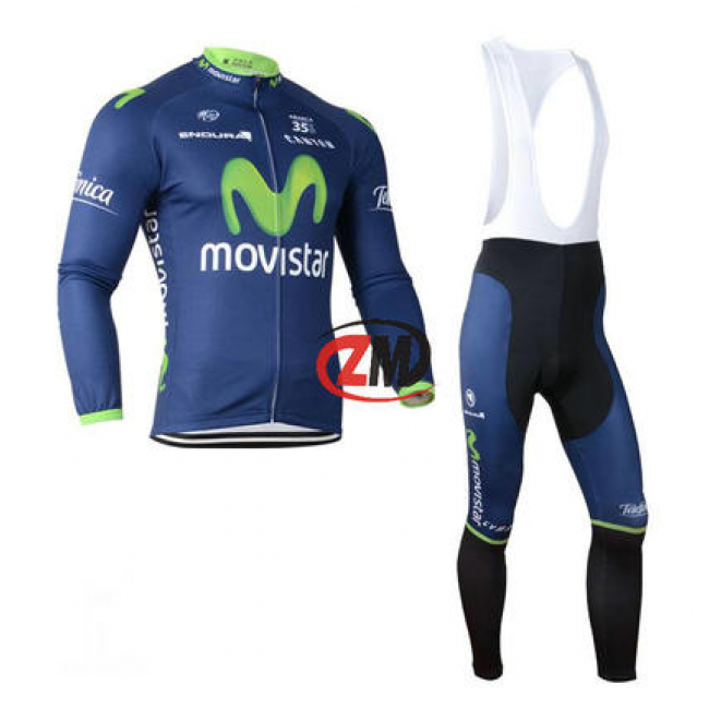 Movistar 2014 Fietskleding Fietsshirt Lange Mouwen+lange fietsbroeken Bib Blauw Zwart 1132