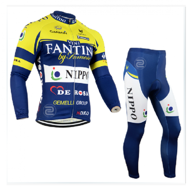 2014 FANTINI Fietskleding Fietsshirt lange mouw+lange fietsbroeken Blauw geel Wit 1415