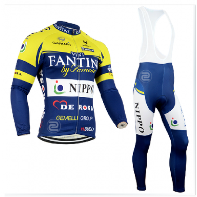 2014 FANTINI Fietskleding Fietsshirt Lange Mouwen+lange fietsbroeken Bib Blauw geel Wit 1416