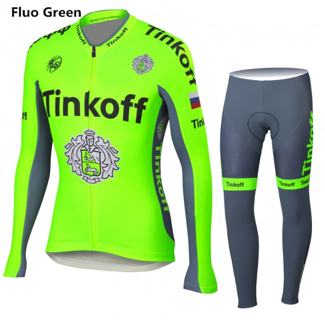 2016 Tinkoff Saxo Bank Fluo Green Fietskleding Fietsshirt lange mouw+Lange fietsbroeken 2016036066
