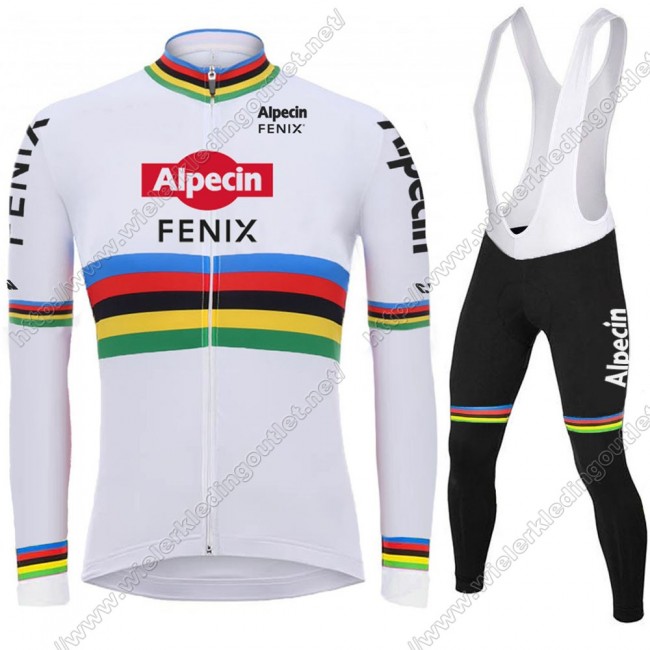2021 Alpecin Fenix World Champion wit Fietskleding Fietsshirt Lange Mouw+Lange Fietsbroek Bib 83