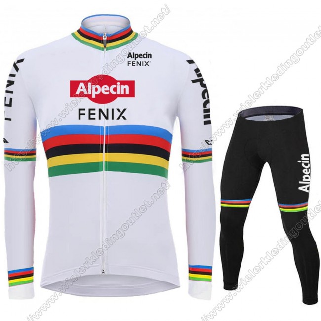 2021 Alpecin Fenix World Champion wit Fietskleding Fietsshirt Lange Mouw+Lange Fietsbroek Bib 85