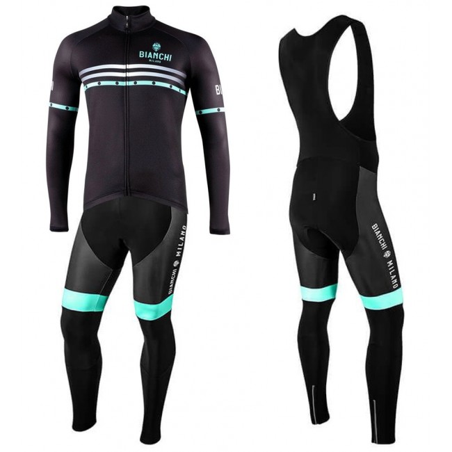 2022 Bianchi Milano Piantedo Black Fietskleding Fietsshirt Lange Mouw+Lange Fietsbroek Bib Set e2nKK