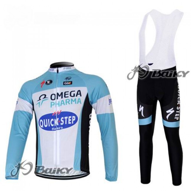 Omega Pharma Quick Step Pro Team Fietskleding Fietsshirt Lange Mouwen+lange fietsbroeken Bib zeem blauw wit 433