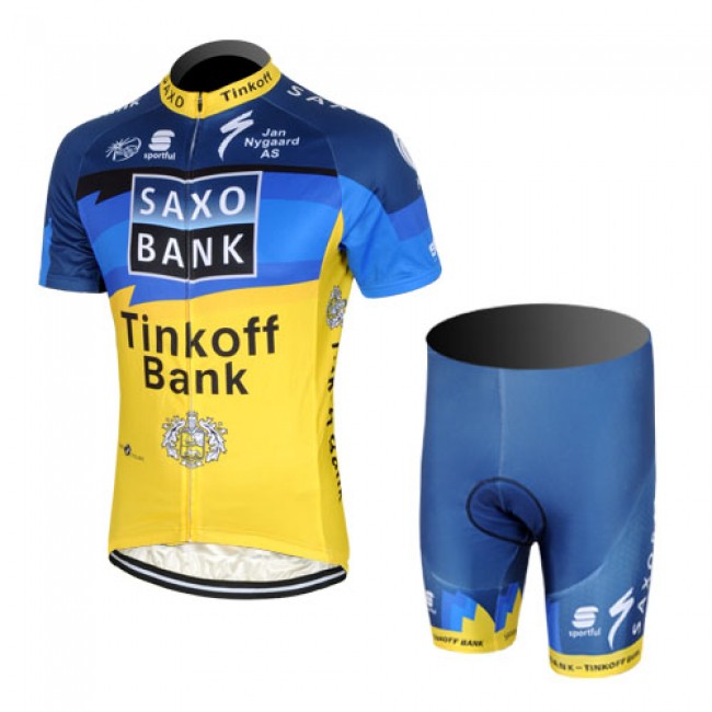 2013 Saxo Bank Tinkoff Pro Team Fietsshirt Korte mouw+Korte fietsbroeken met zeem Kits blauw geel 715