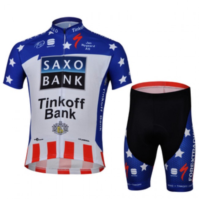 2013 Saxo Bank Tinkoff USA kampioen Fietsshirt Korte mouw+Korte fietsbroeken met zeem Kits blauw wit rood 717