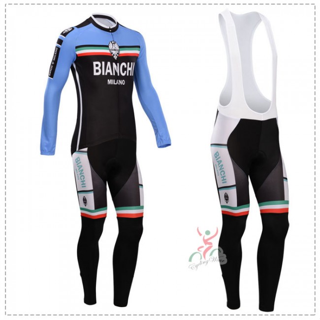 Bianchi 2014 Fietskleding Fietsshirt Lange Mouwen+lange fietsbroeken Bib Blauw Zwart 842
