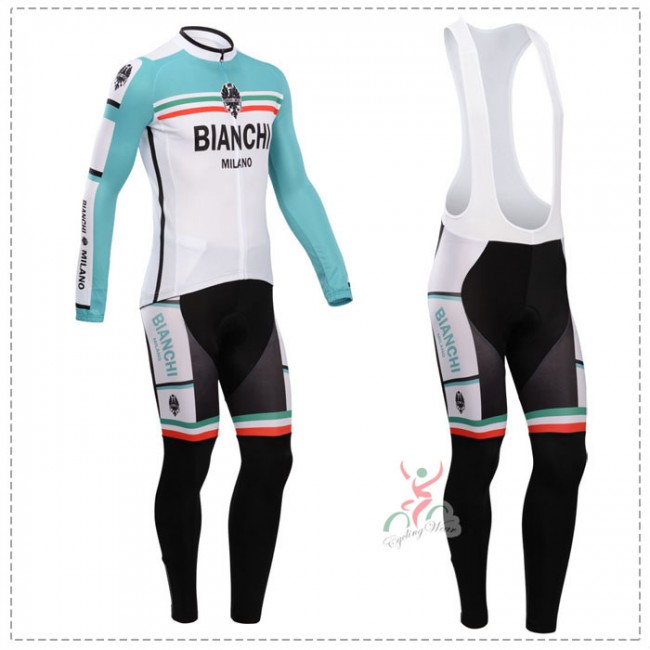 Bianchi 2014 Fietskleding Fietsshirt Lange Mouwen+lange fietsbroeken Bib Wit Blauw 850