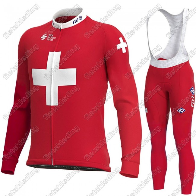 Swiss FDJ 2021 Wielerkleding Set Fietsshirts Lange Mouw+Lange Fietsrbroek Bib 2021370