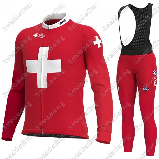 Swiss FDJ 2021 Wielerkleding Set Fietsshirts Lange Mouw+Lange Fietsrbroek Bib 2021373