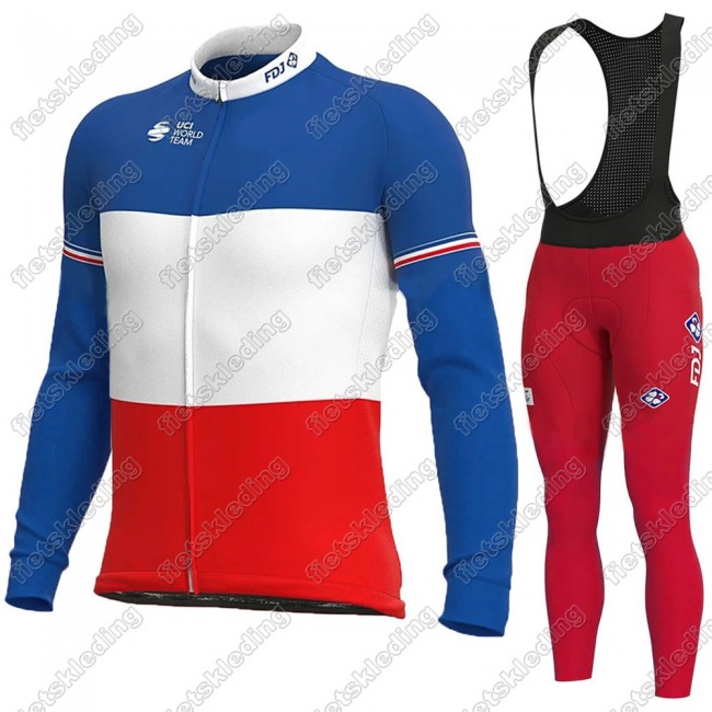 France FDJ 2021 Wielerkleding Set Fietsshirts Lange Mouw+Lange Fietsrbroek Bib 2021382