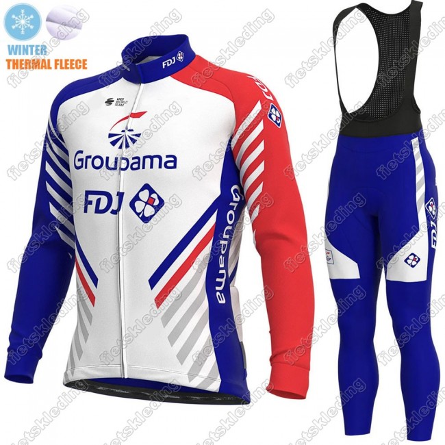 GROUPAMA FDJ Winter Thermal Fleece 2021 Wielerkleding Set Fietsshirts Lange Mouw+Lange Fietsrbroek Bib 2021385