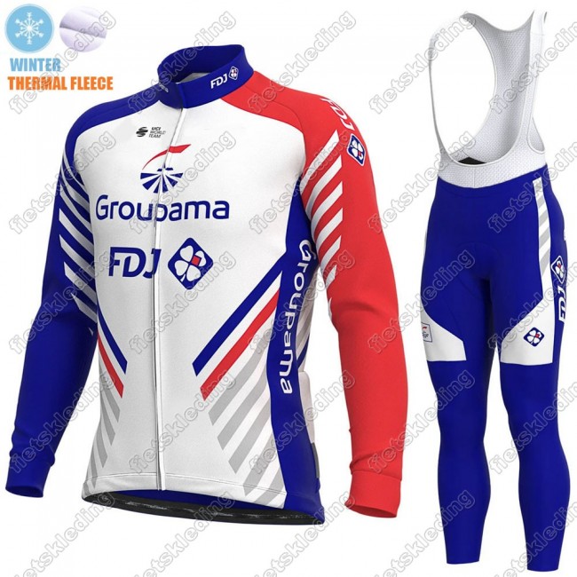 GROUPAMA FDJ Winter Thermal Fleece 2021 Wielerkleding Set Fietsshirts Lange Mouw+Lange Fietsrbroek Bib 2021386