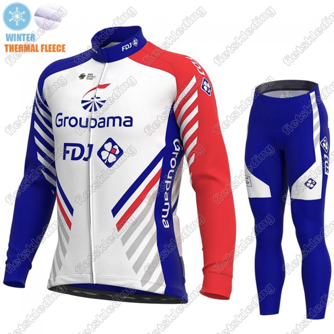 GROUPAMA FDJ Winter Thermal Fleece 2021 Wielerkleding Set Fietsshirts Lange Mouw+Lange Fietsrbroek Bib 2021387