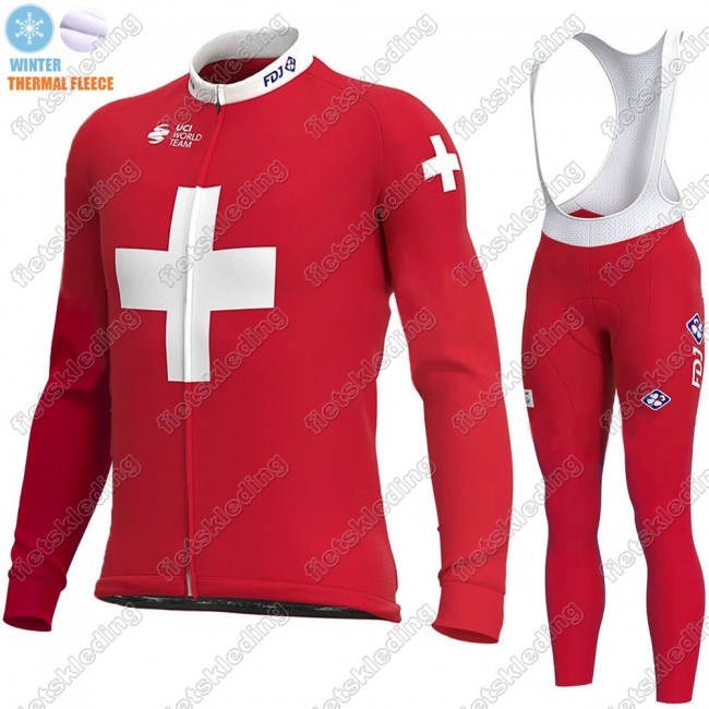 Swiss FDJ Winter Thermal Fleece 2021 Wielerkleding Set Fietsshirts Lange Mouw+Lange Fietsrbroek Bib 2021390