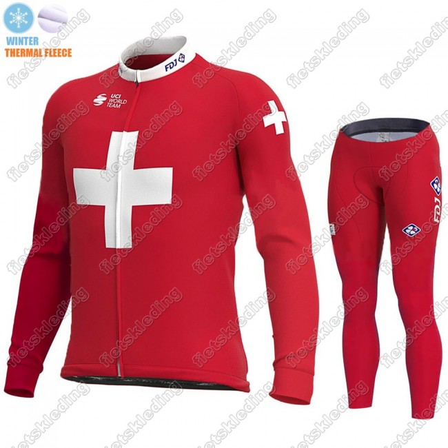 Swiss FDJ Winter Thermal Fleece 2021 Wielerkleding Set Fietsshirts Lange Mouw+Lange Fietsrbroek Bib 2021394