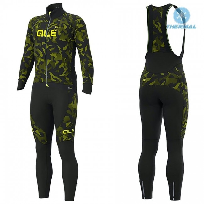 2019 ALE Camouflage zwart-geel Thermo Wielerkleding Set Wielershirts lange mouw+fietsbroek lang met WFGG328