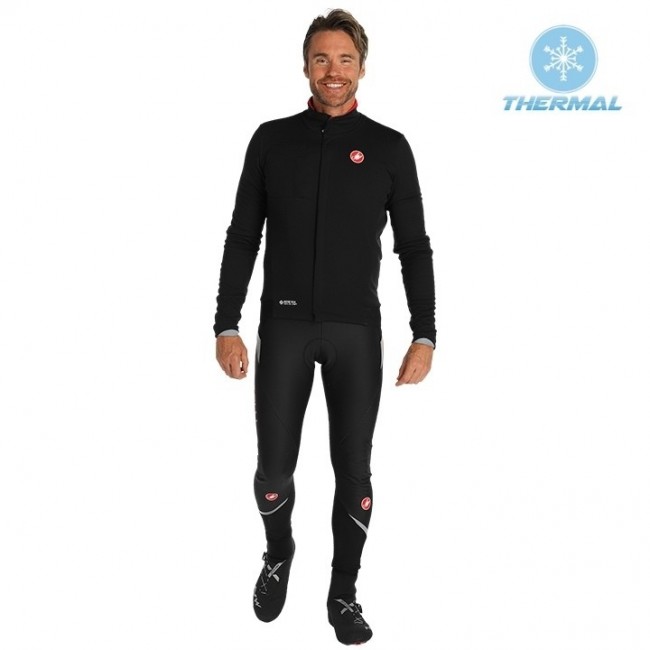 2019 Casteli DE zwart Thermo Wielerkleding Set Wielershirts lange mouw+fietsbroek lang met ESKH232