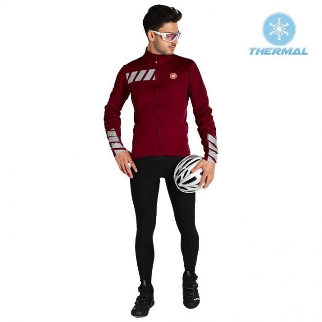 2019 Casteli Raddoppia 2 zwart-rood Thermo Wielerkleding Set Wielershirts lange mouw+fietsbroek lang met YOIE228