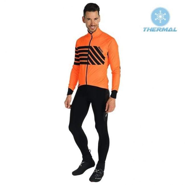 2019 Santini Svolta Orange Thermo Wielerkleding Set Wielershirts lange mouw+fietsbroek lang met AXGE176