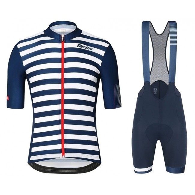 2019 Santini blauw-wit Stripe Fietskleding Set Fietsshirt Korte Mouw+Korte fietsbroeken CCHC446