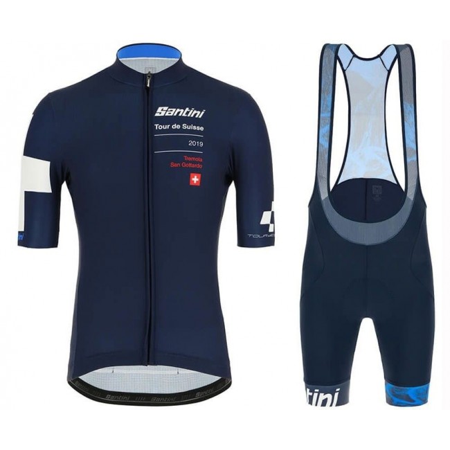 2019 Santini Tour de Suisse blauw Fietskleding Set Fietsshirt Korte Mouw+Korte fietsbroeken IYCK453