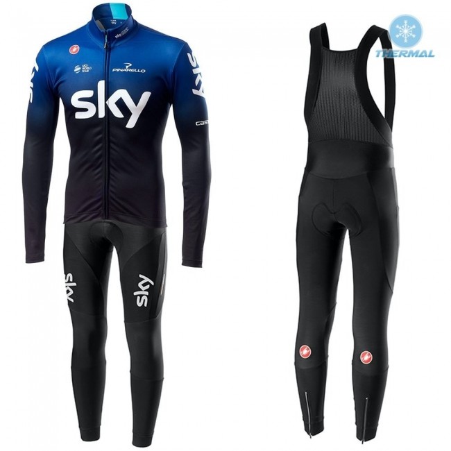 2019 SKY Profteams zwart-blauw Thermo Wielerkleding Set Wielershirts lange mouw+fietsbroek lang met TRXP363