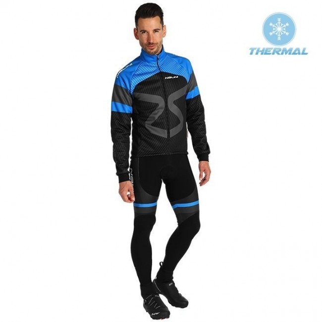 2019 Tuono zwart-blauw Thermo Wielerkleding Set Wielershirts lange mouw+fietsbroek lang met NSZI179