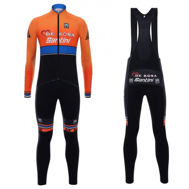 2017 De-Rosa Pro Team Orange-zwart Fietskleding Wielershirt lange mouw+Lange fietsbroeken Bib 2459