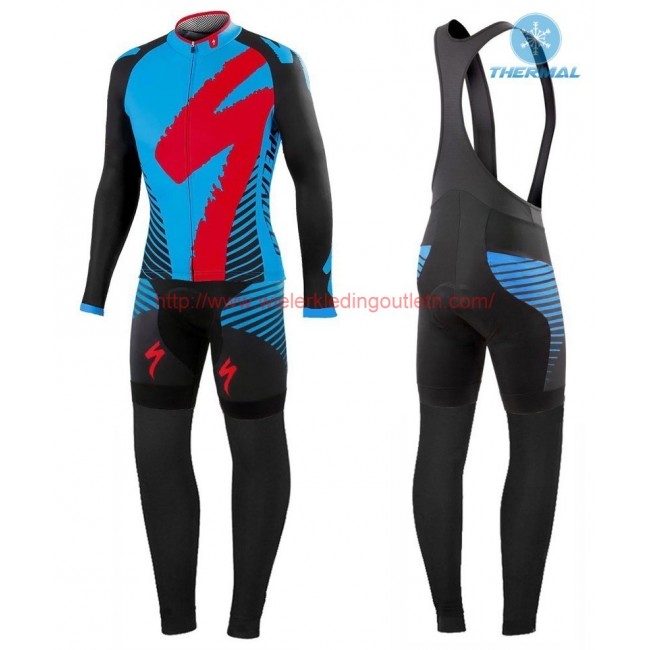 2016 Specialized Team LS zwart-Blauw Winter Set Wielerkleding Wielershirt lange mouw+Lange fietsbroeken Bib 213713