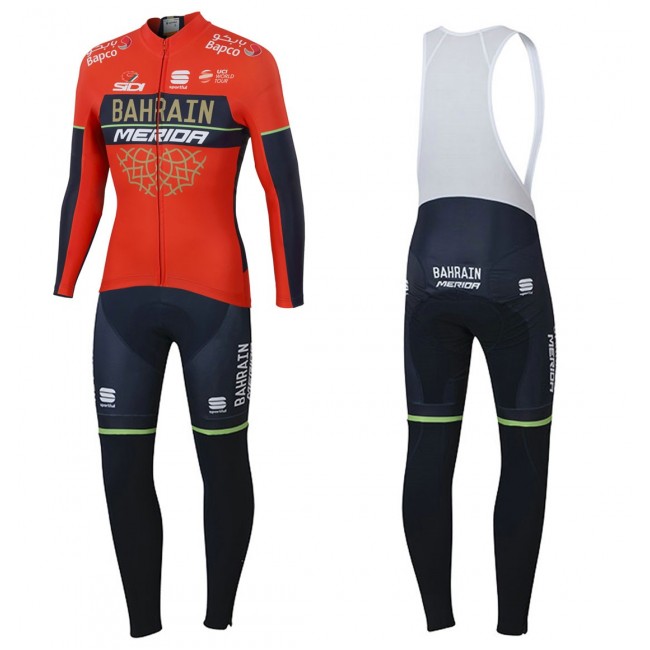 2018 Profteam Merida Bahrain rood Fietskleding Fietsshirt lange mouw+Lange fietsbroeken Bib PSAjq