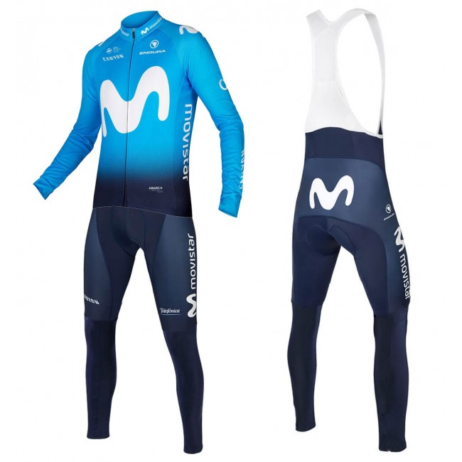 2018 Movistar Profteam blauw Fietskleding Fietsshirt lange mouw+Lange fietsbroeken Bib Jpwh3