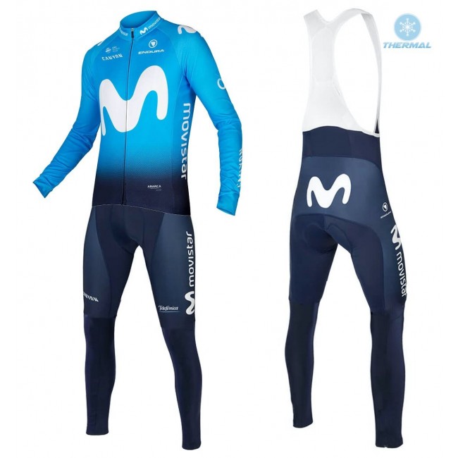 2018 Movistar Profteam blauw winterset Wielerkleding Set Wielershirts lange mouw+fietsbroek lang met zeem u9S4r